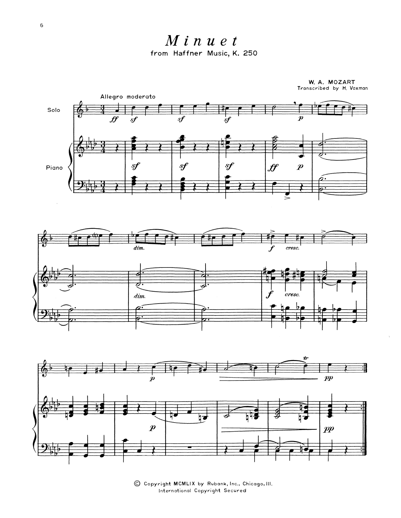 Wolfgang Amadeus Mozart Minuet (from Haffner Music) sheet music notes and chords arranged for Alto Sax and Piano