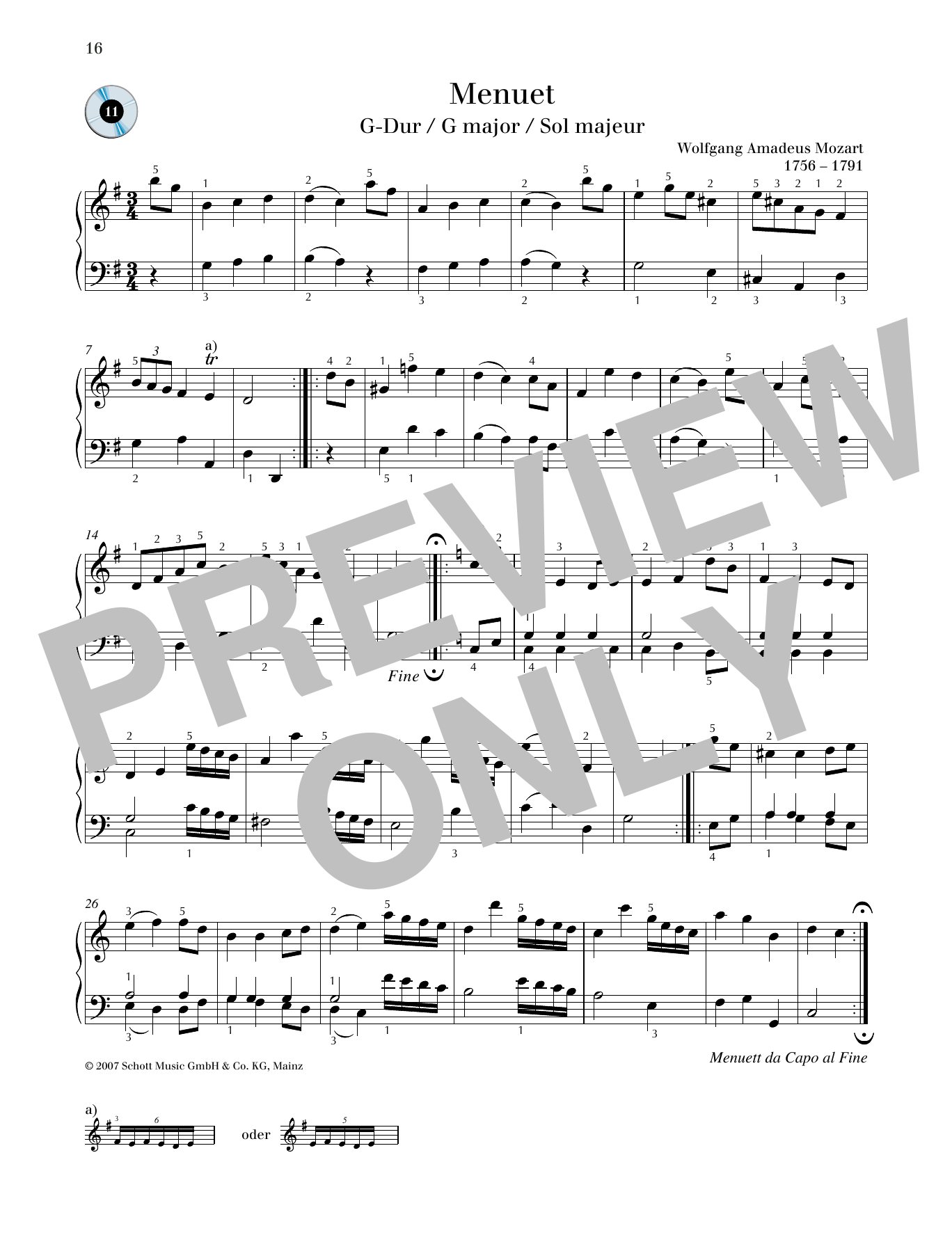 Wolfgang Amadeus Mozart Minuet G major sheet music notes and chords arranged for Piano Solo