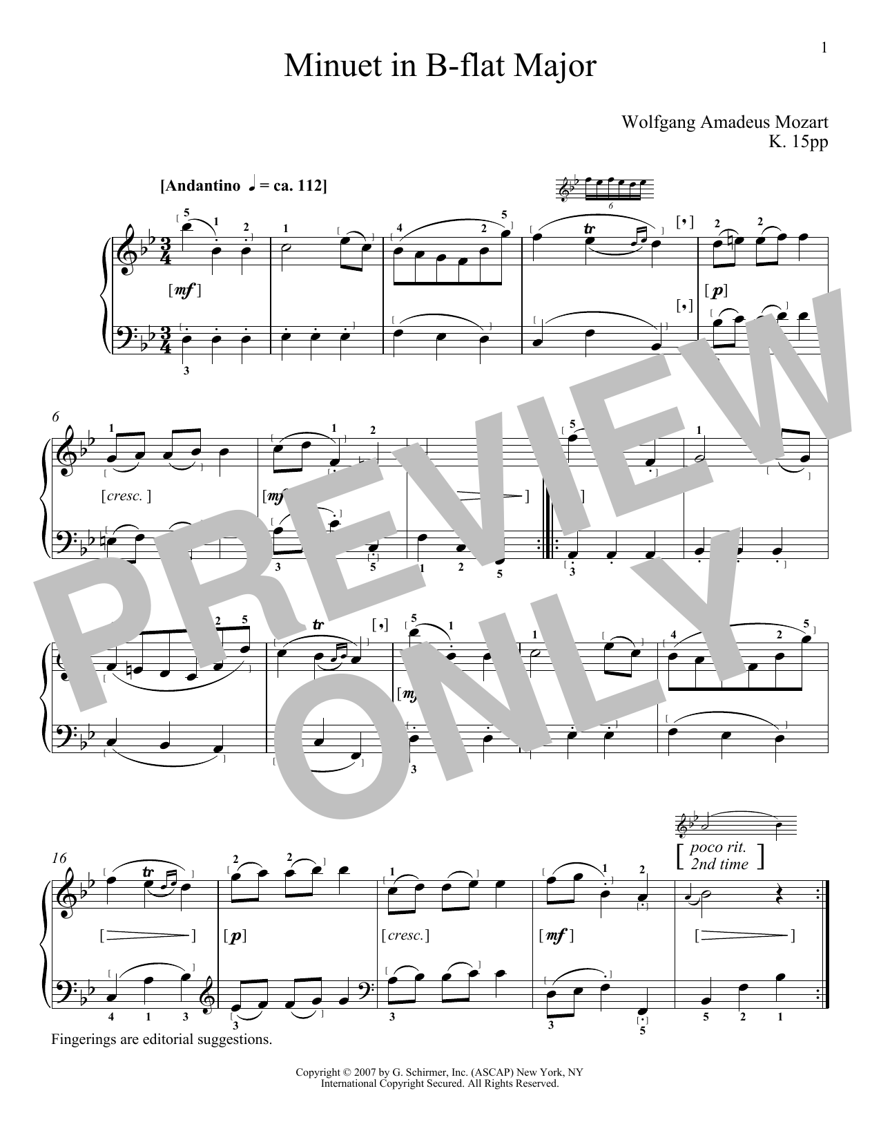 Wolfgang Amadeus Mozart Minuet In B-Flat Major, KV 15pp sheet music notes and chords arranged for Piano Solo