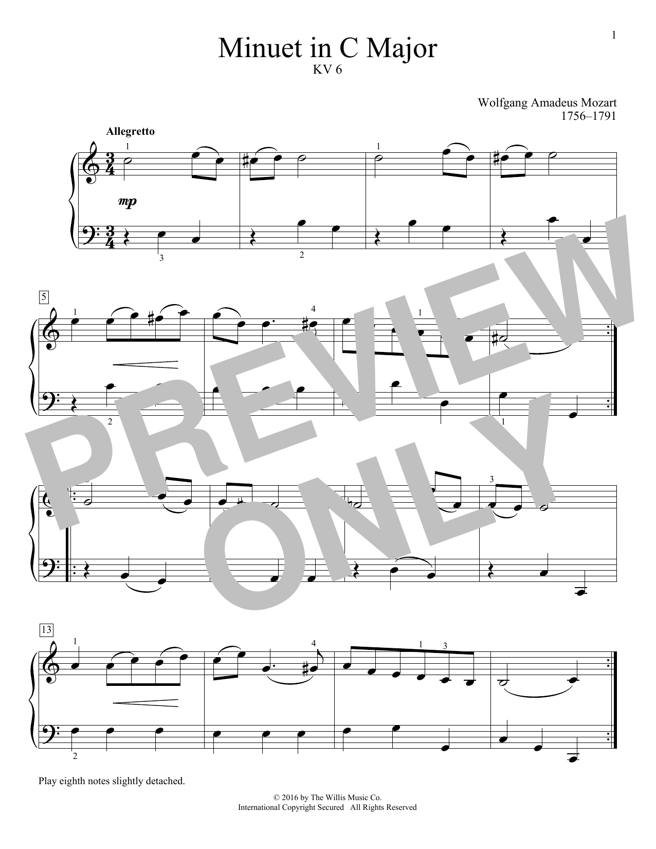 Wolfgang Amadeus Mozart Minuet In C Major, KV 6 sheet music notes and chords arranged for Educational Piano