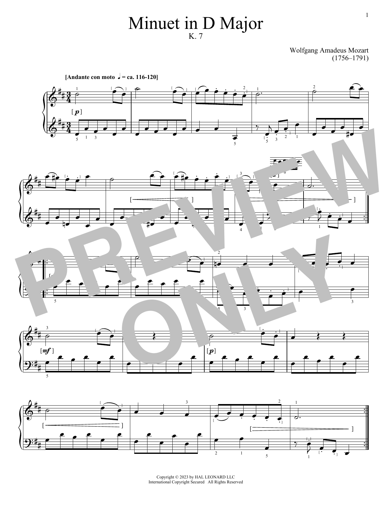 Wolfgang Amadeus Mozart Minuet In D, K. 7 sheet music notes and chords arranged for Piano Solo