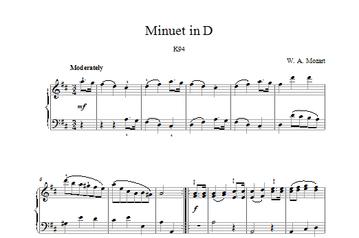 Wolfgang Amadeus Mozart Minuet in D K94 sheet music notes and chords arranged for Piano Solo