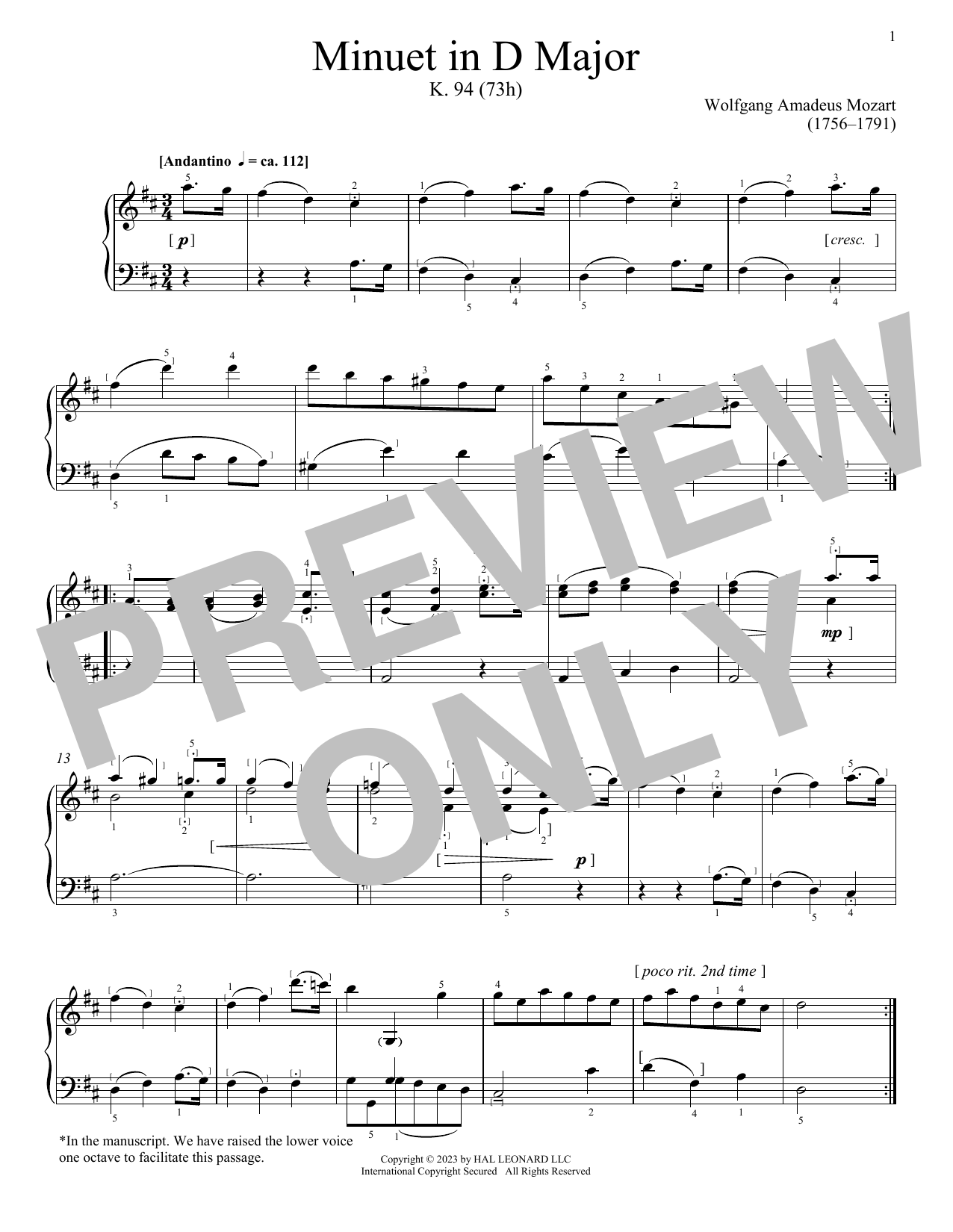 Wolfgang Amadeus Mozart Minuet in D Major, K. 94 (73h) sheet music notes and chords arranged for Piano Solo