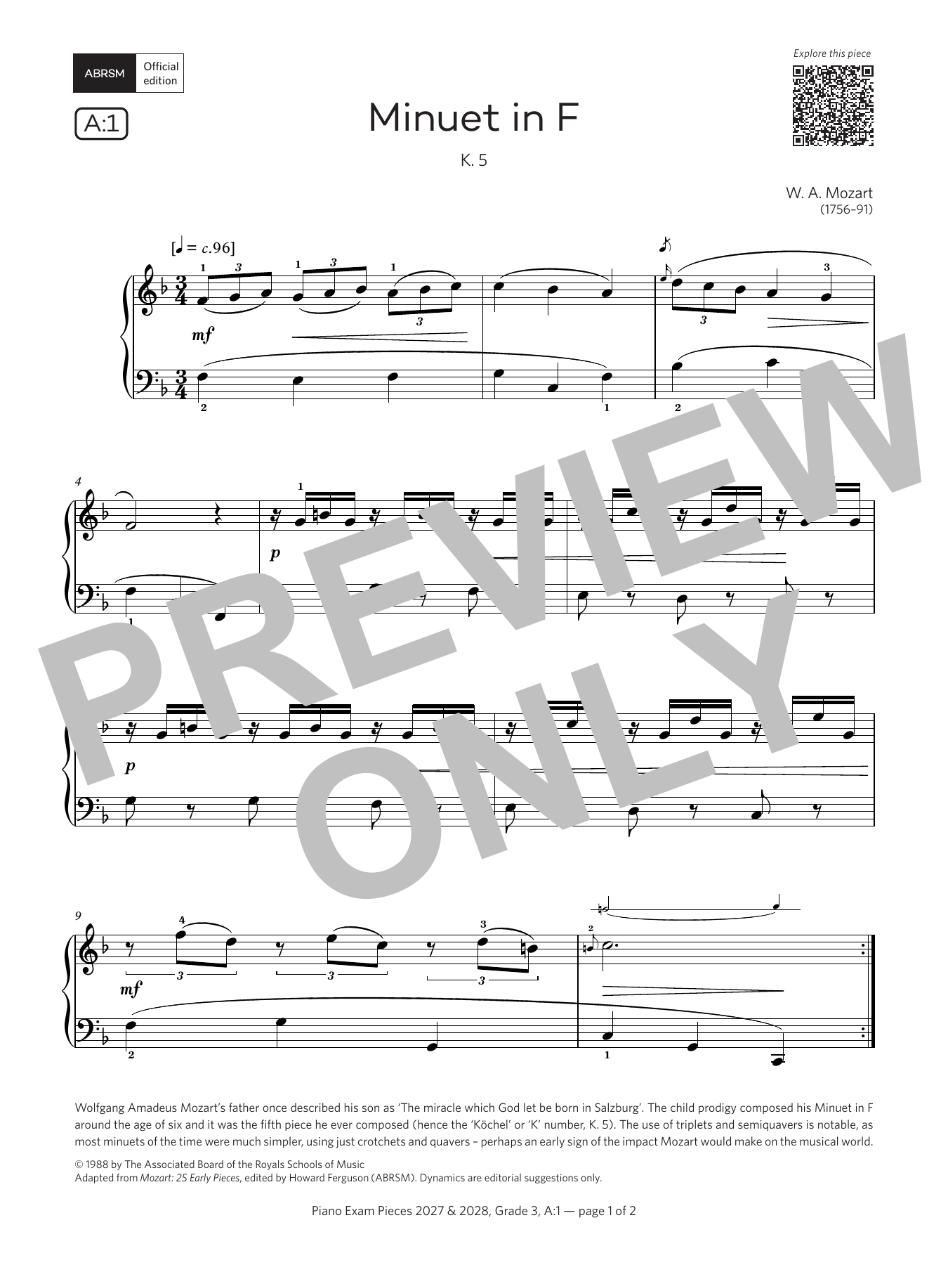 Wolfgang Amadeus Mozart Minuet in F (Grade 3, list A1, from the ABRSM Piano Syllabus 2027 & 2028) sheet music notes and chords arranged for Piano Solo