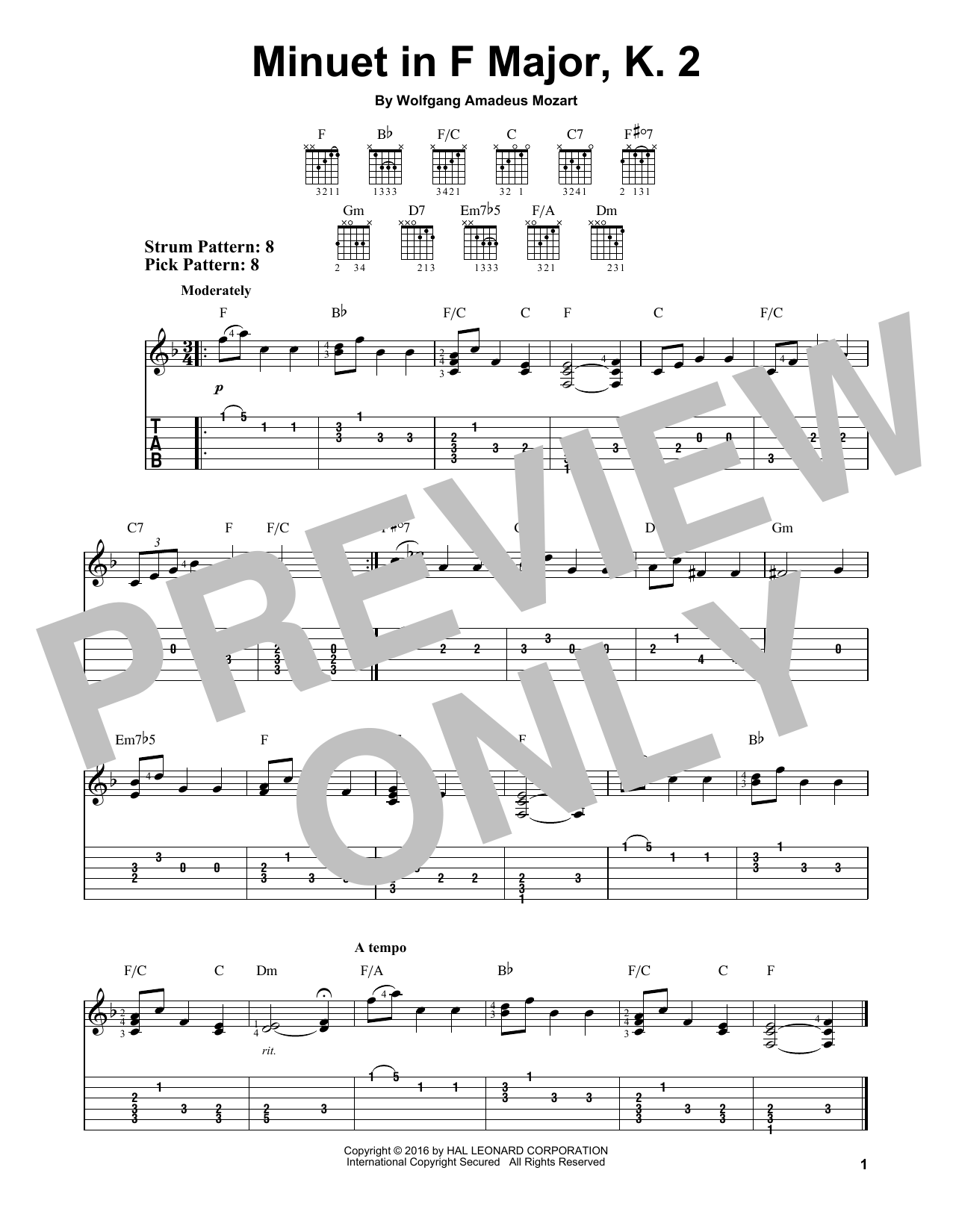 Wolfgang Amadeus Mozart Minuet In F Major, K. 2 sheet music notes and chords arranged for Easy Guitar Tab