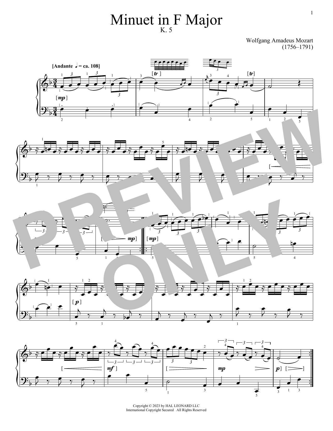 Wolfgang Amadeus Mozart Minuet In F Major sheet music notes and chords arranged for Piano Solo