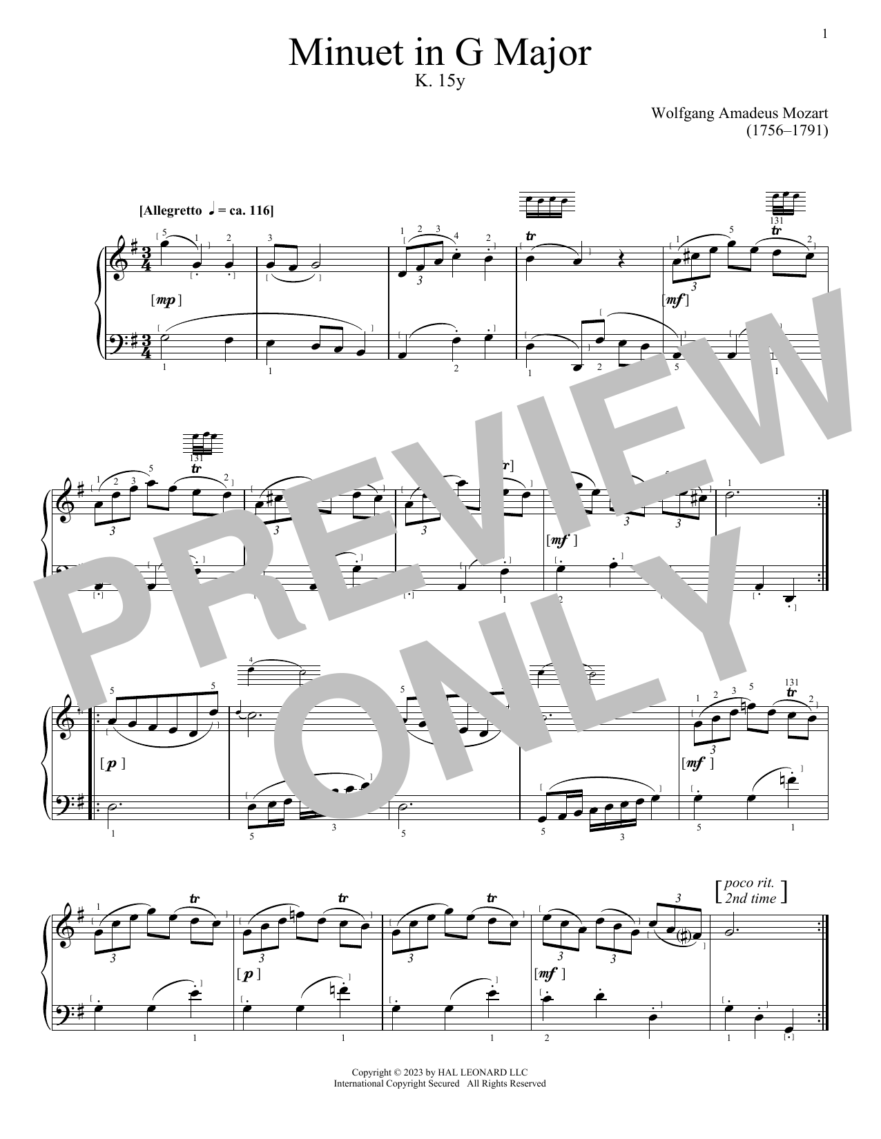Wolfgang Amadeus Mozart Minuet in G Major, K. 15y sheet music notes and chords arranged for Piano Solo