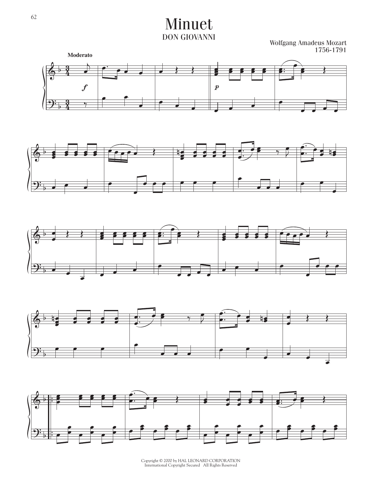 Wolfgang Amadeus Mozart Minuet sheet music notes and chords arranged for Piano Solo