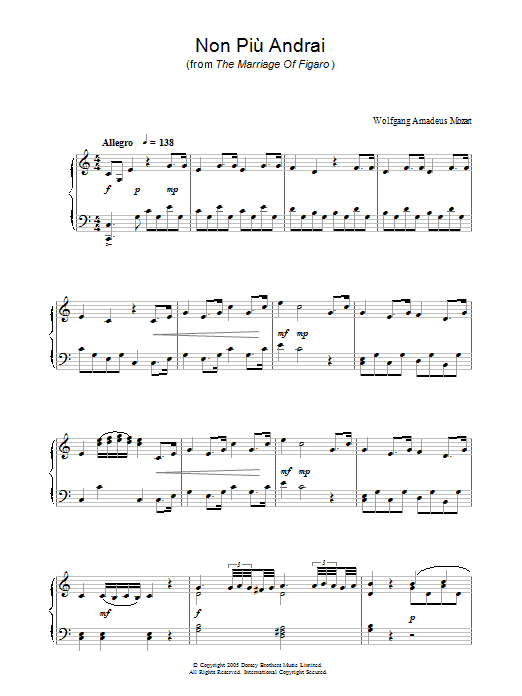 Wolfgang Amadeus Mozart Non Più Andrai (from The Marriage Of Figaro) sheet music notes and chords arranged for Piano Solo