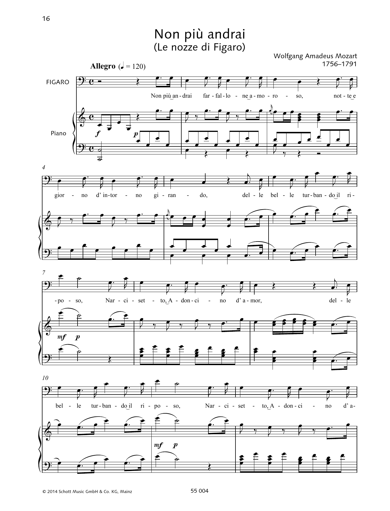Wolfgang Amadeus Mozart Non Piu Andrai sheet music notes and chords arranged for Piano & Vocal