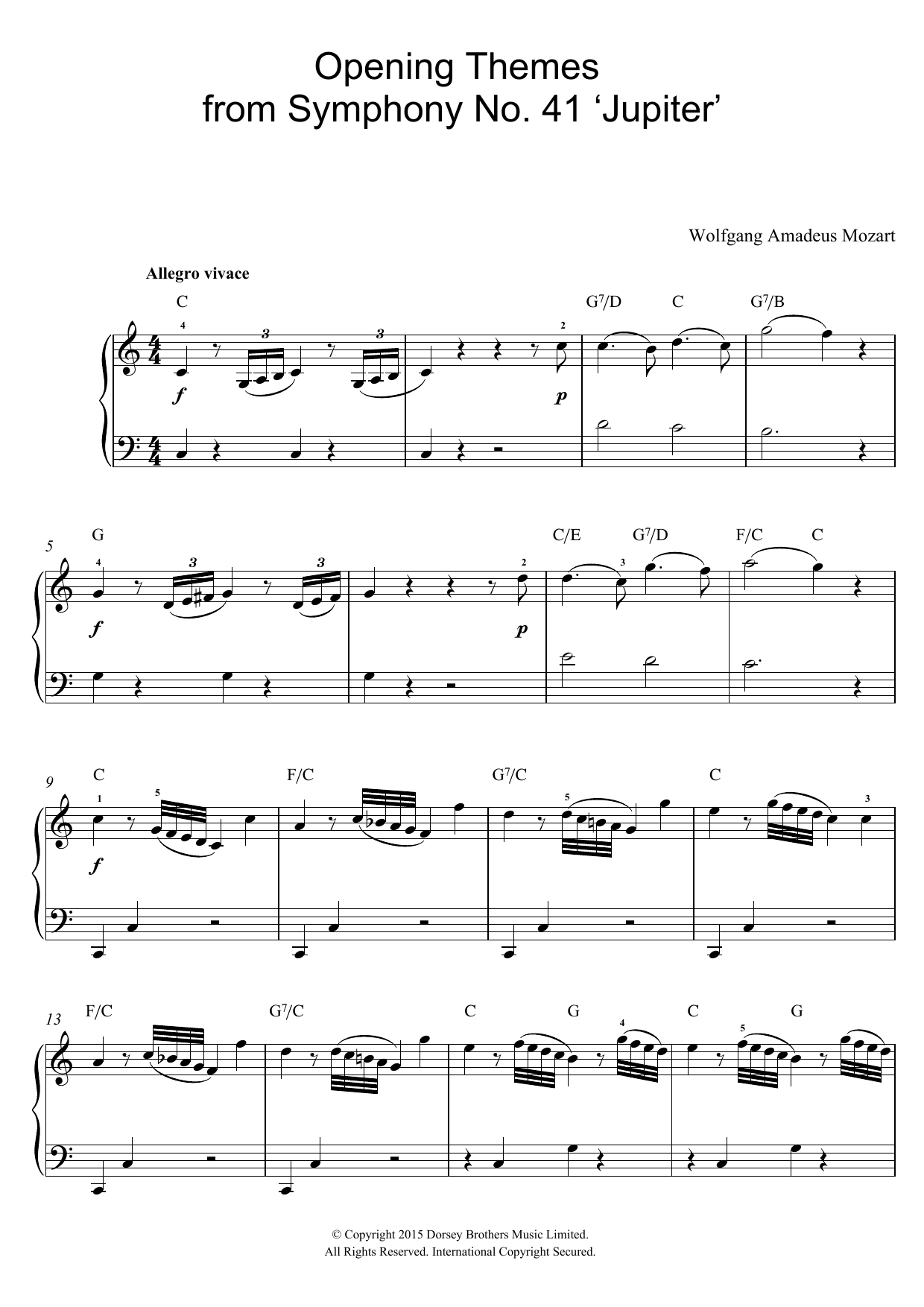 Wolfgang Amadeus Mozart Opening Themes from Symphony No. 41 'Jupiter' sheet music notes and chords arranged for Piano, Vocal & Guitar Chords