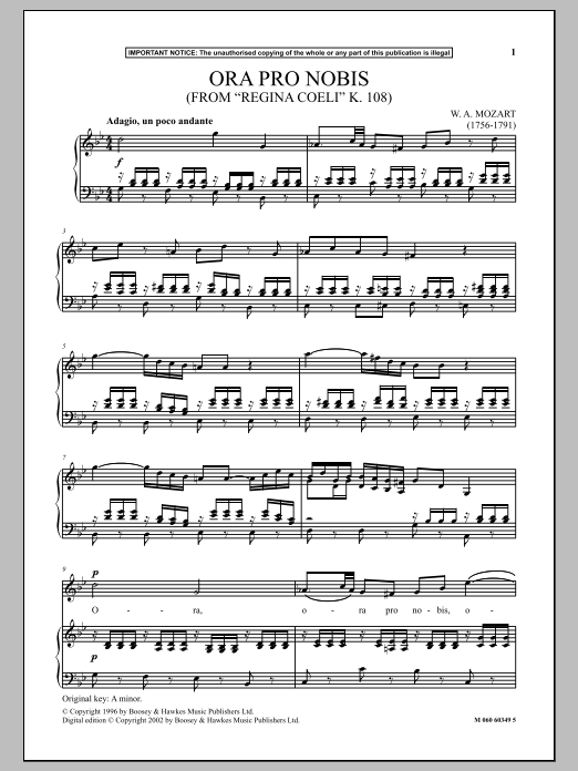 Wolfgang Amadeus Mozart Ora Pro Nobis (from Regina Coeli K. 108) sheet music notes and chords arranged for Piano & Vocal