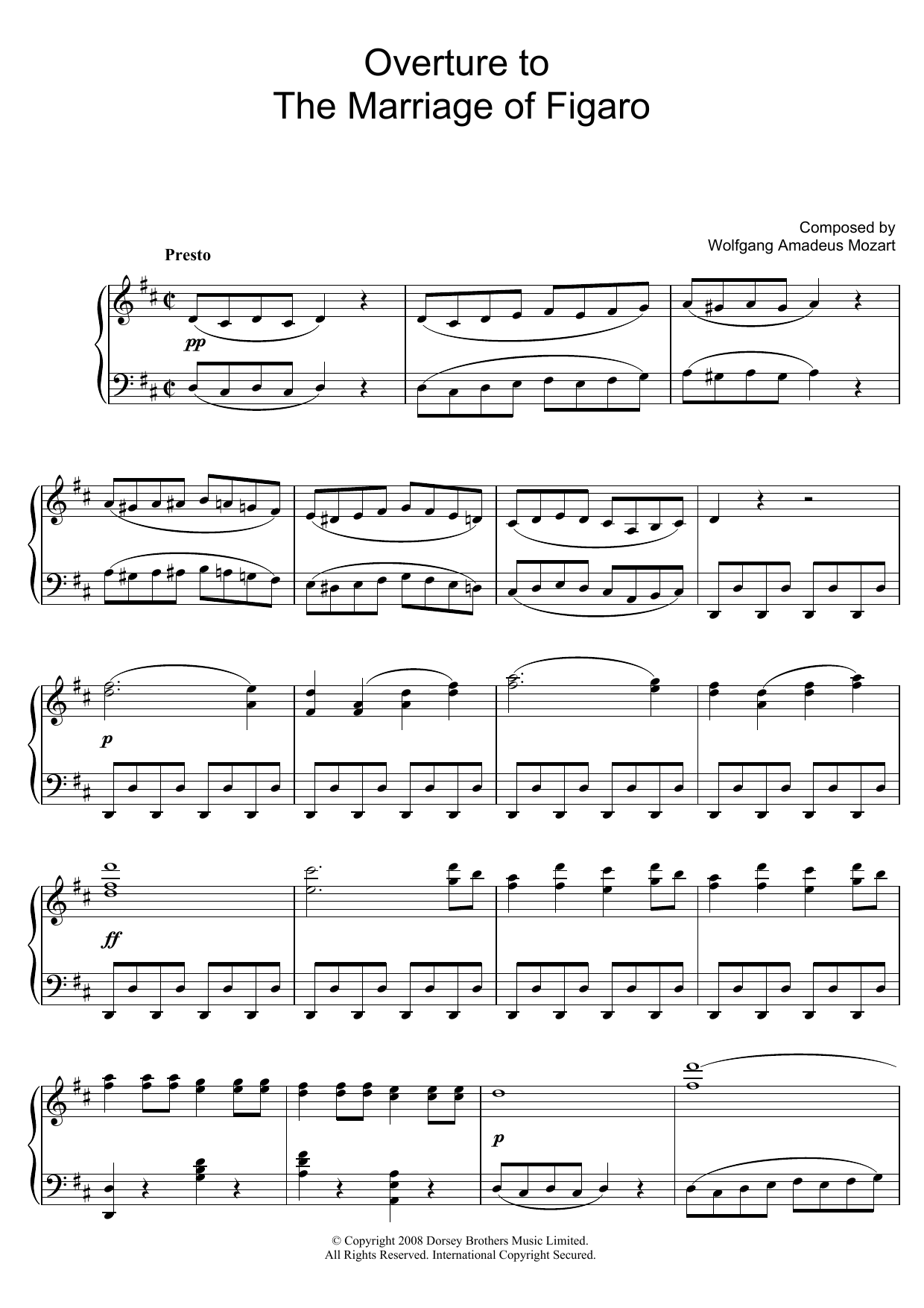 Wolfgang Amadeus Mozart Overture To The Marriage Of Figaro sheet music notes and chords arranged for Piano Solo