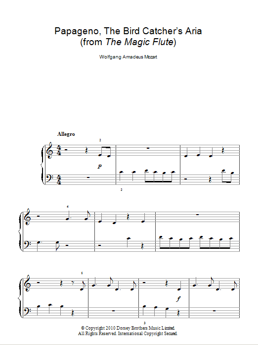 Wolfgang Amadeus Mozart Papageno, The Bird Catcher's Aria (Der Vogelfänger) (from The Magic Flute) sheet music notes and chords arranged for Easy Piano