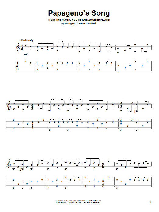 Wolfgang Amadeus Mozart Papageno's Song sheet music notes and chords arranged for Solo Guitar