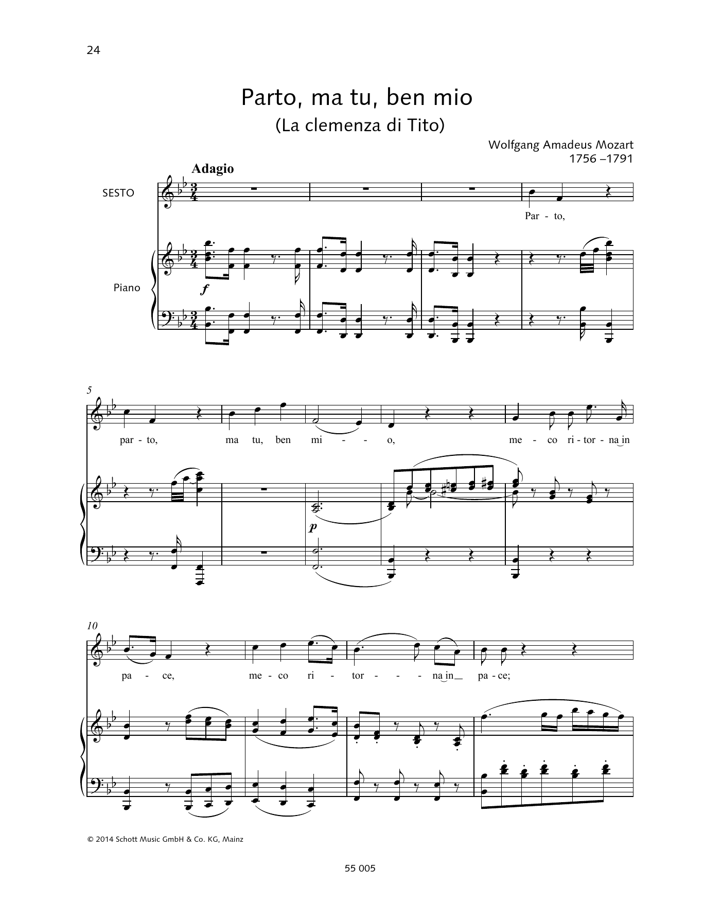 Wolfgang Amadeus Mozart Parto, ma tu, ben mio sheet music notes and chords arranged for Piano & Vocal