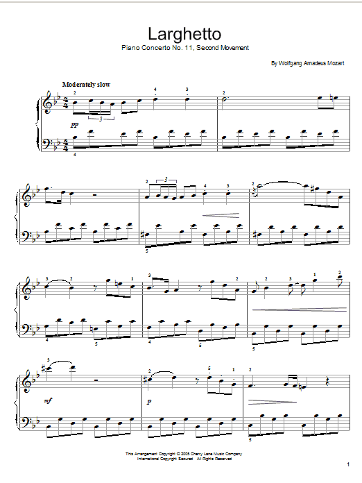 Wolfgang Amadeus Mozart Piano Concerto No.11 (2nd Movement) sheet music notes and chords arranged for Easy Piano