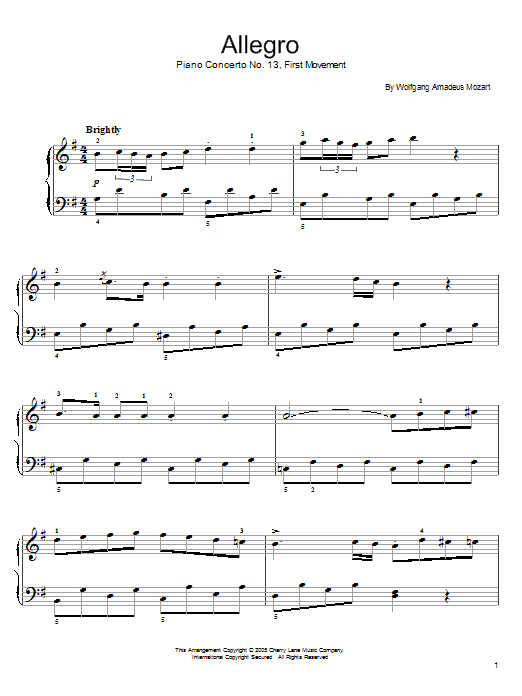 Wolfgang Amadeus Mozart Piano Concerto No.13 (1st Movement) sheet music notes and chords arranged for Easy Piano