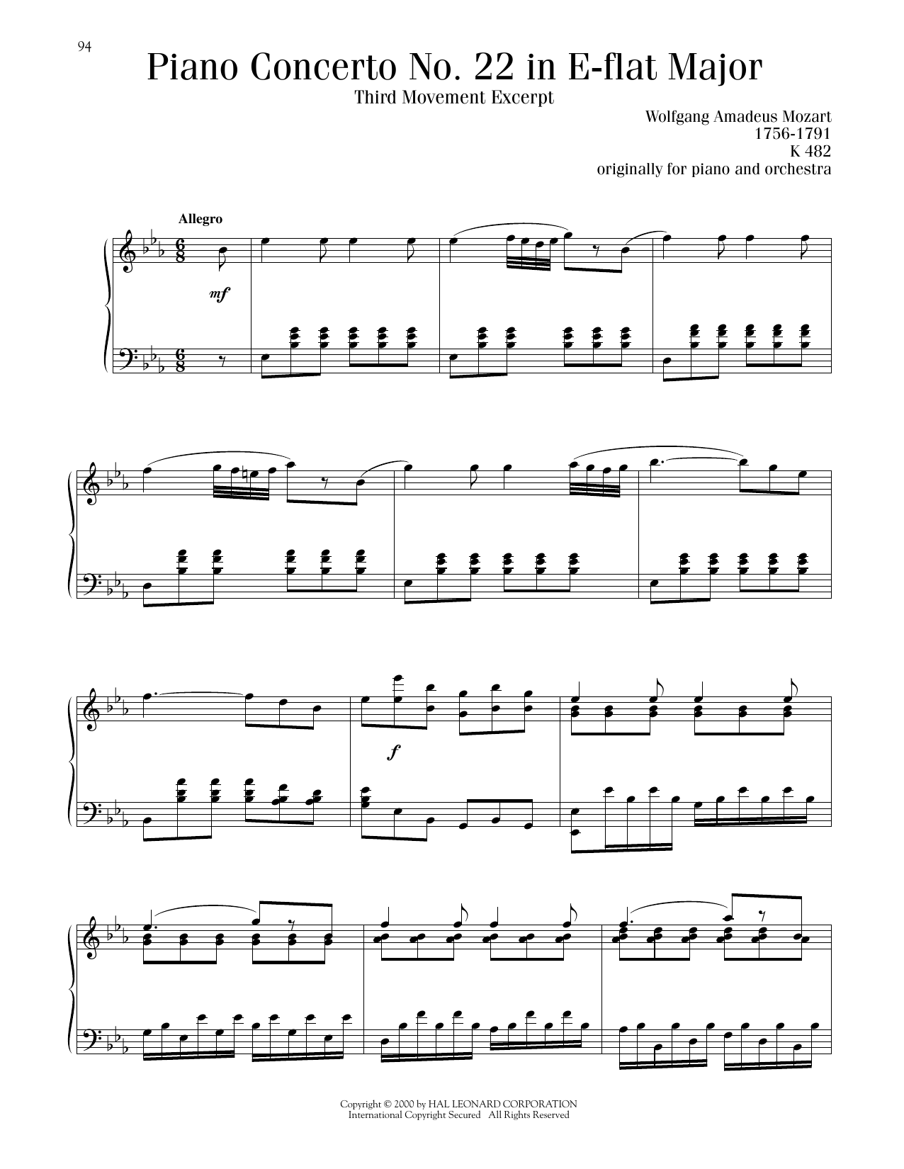 Wolfgang Amadeus Mozart Piano Concerto No. 22 In E-Flat Major sheet music notes and chords arranged for Piano Solo