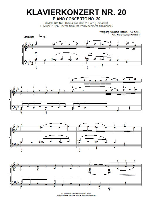 Wolfgang Amadeus Mozart Piano Concerto No.20, theme from the Second Movement (Romance) sheet music notes and chords arranged for Piano Solo