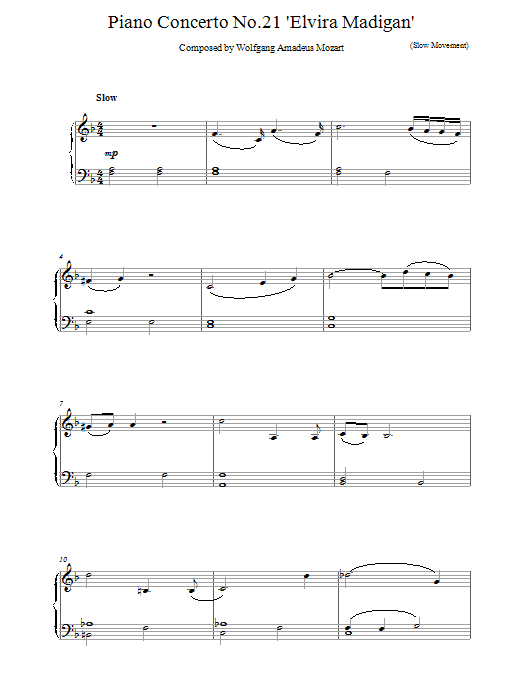 Wolfgang Amadeus Mozart Piano Concerto No.21 Elvira Madigan - (Slow Movement) sheet music notes and chords arranged for Piano Solo