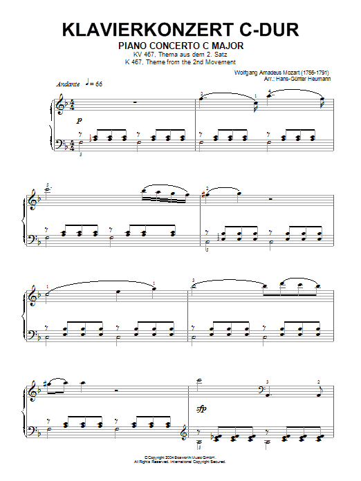 Wolfgang Amadeus Mozart Piano Concerto No.21 in C Major (Elvira Madigan), Second Movement Excerpt sheet music notes and chords arranged for Piano Solo