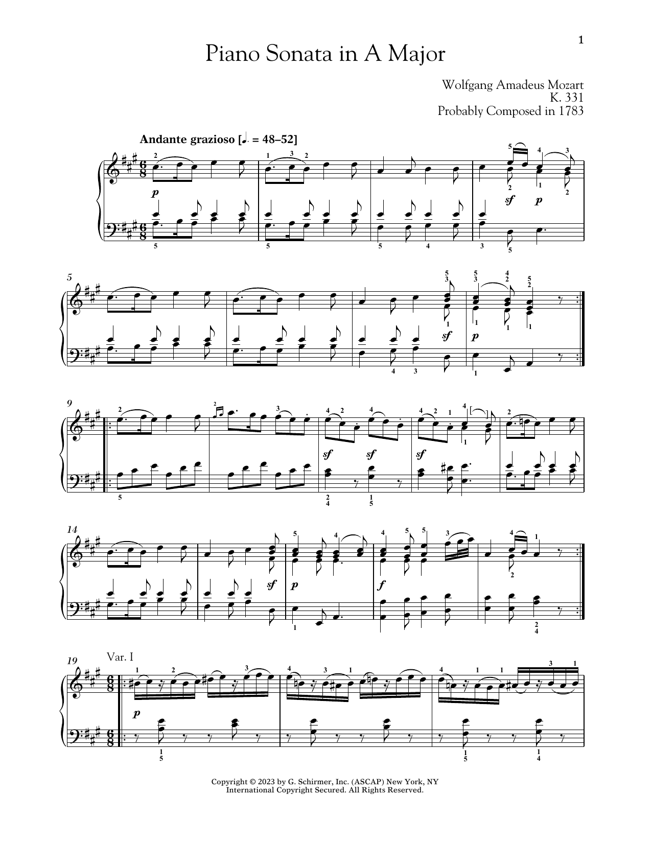 Wolfgang Amadeus Mozart Piano Sonata In A Major, K. 331 sheet music notes and chords arranged for Piano Solo