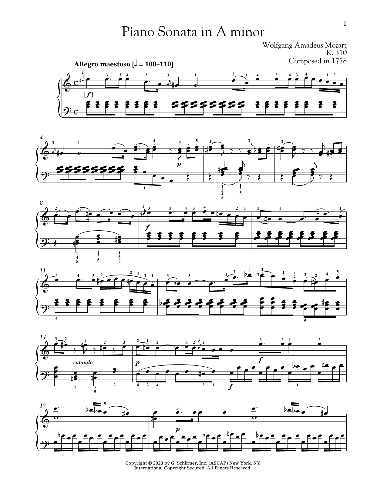 Wolfgang Amadeus Mozart Piano Sonata In A Minor, K. 310 sheet music notes and chords arranged for Piano Solo