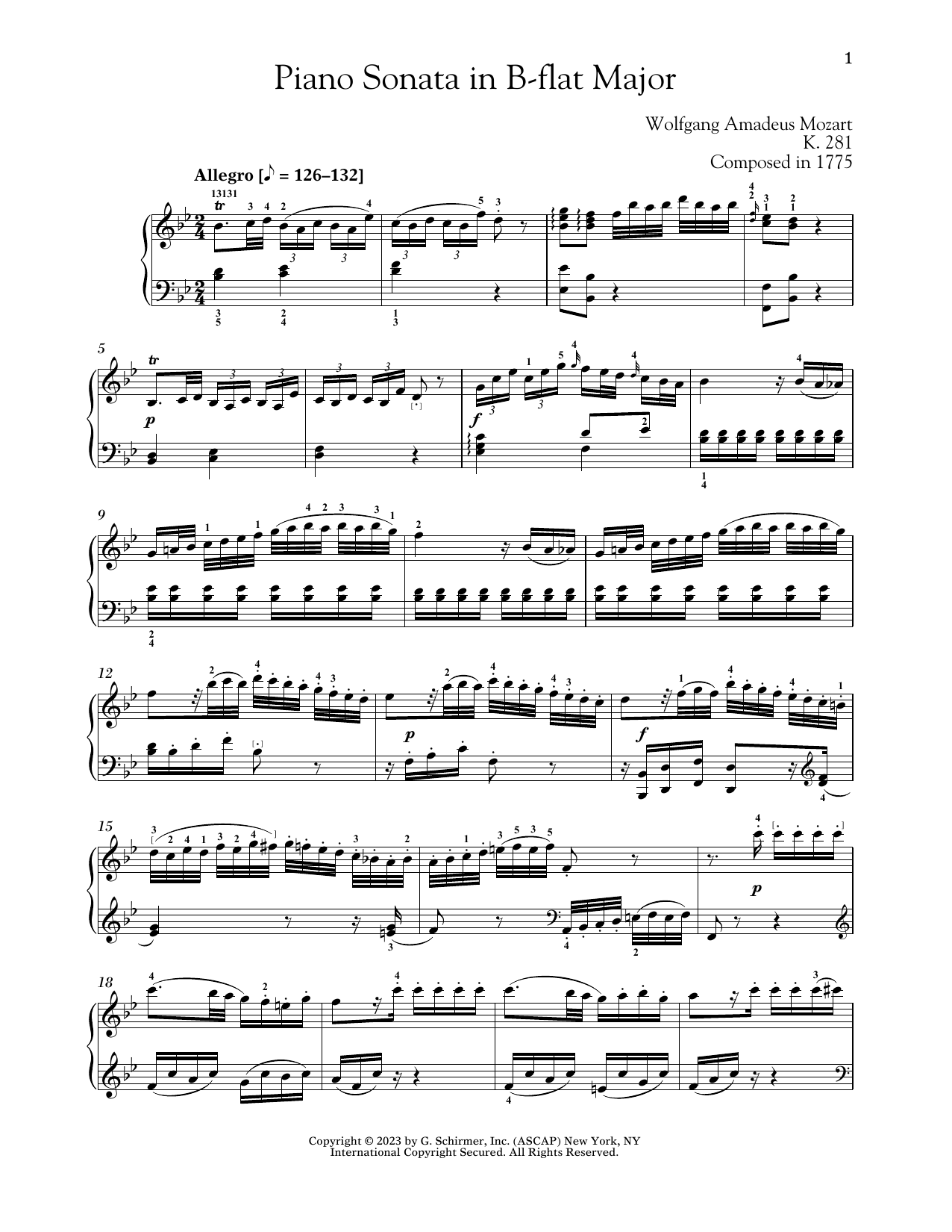 Wolfgang Amadeus Mozart Piano Sonata In B-flat Major, K. 281 sheet music notes and chords arranged for Piano Solo