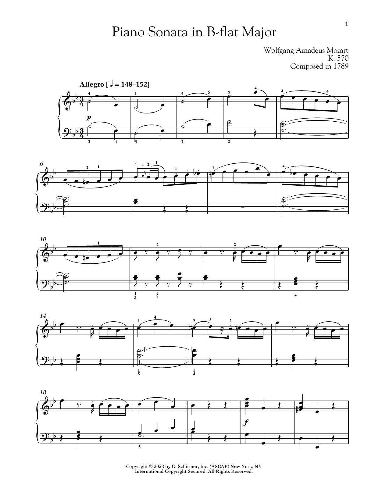 Wolfgang Amadeus Mozart Piano Sonata In B-flat Major, K. 570 sheet music notes and chords arranged for Piano Solo