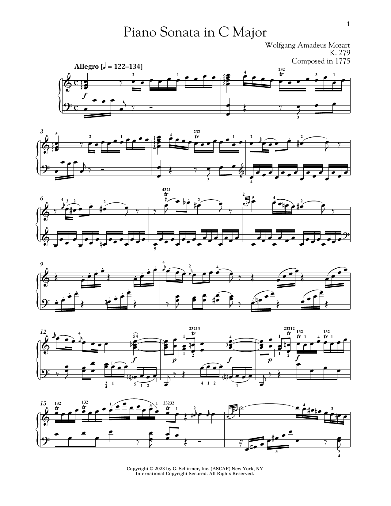 Wolfgang Amadeus Mozart Piano Sonata In C Major, K. 279 sheet music notes and chords arranged for Piano Solo