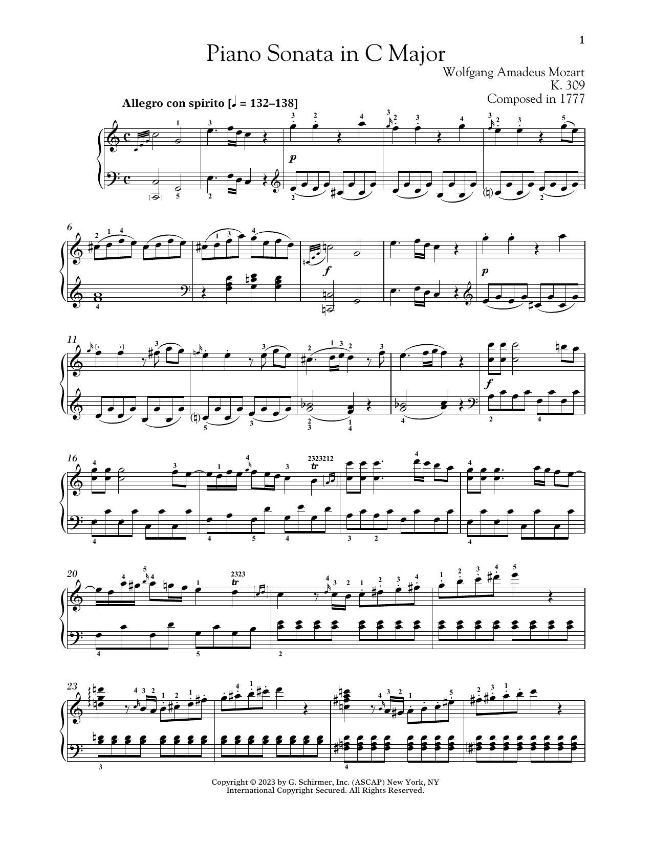 Wolfgang Amadeus Mozart Piano Sonata In C Major, K. 309 sheet music notes and chords arranged for Piano Solo