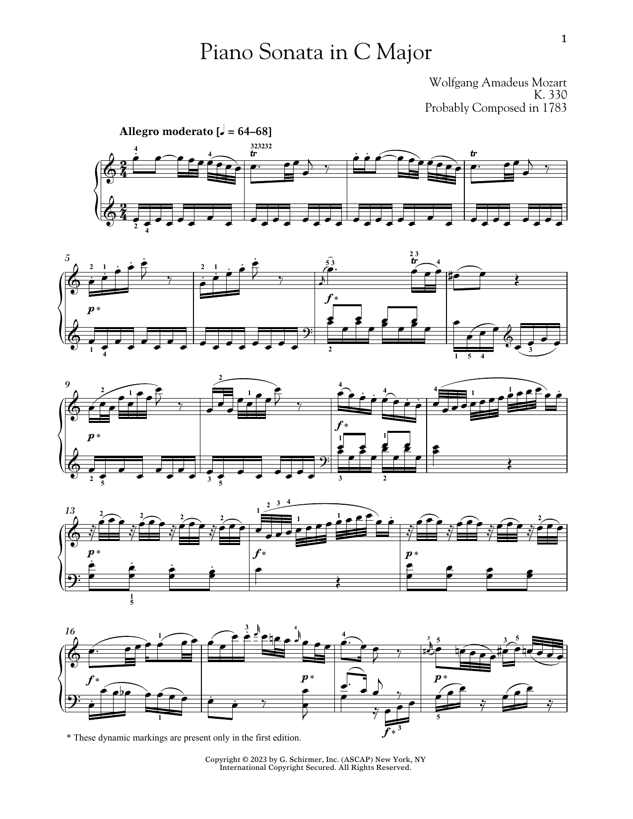 Wolfgang Amadeus Mozart Piano Sonata In C Major, K. 330 sheet music notes and chords arranged for Piano Solo
