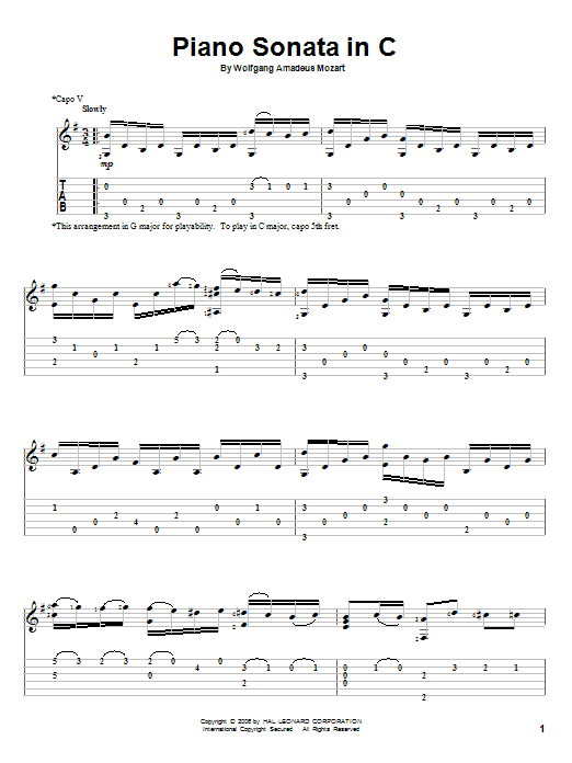 Wolfgang Amadeus Mozart Piano Sonata In C sheet music notes and chords arranged for Solo Guitar
