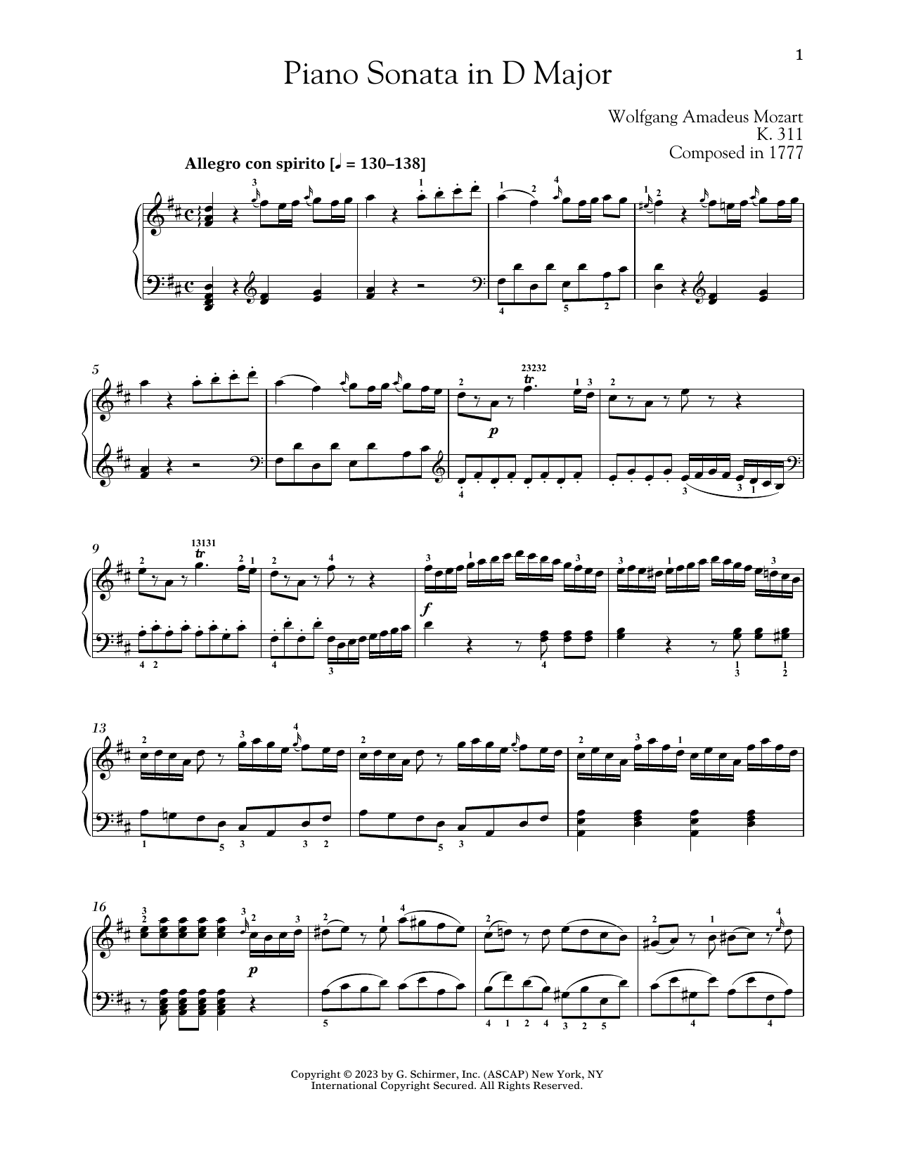 Wolfgang Amadeus Mozart Piano Sonata In D Major, K. 311 sheet music notes and chords arranged for Piano Solo