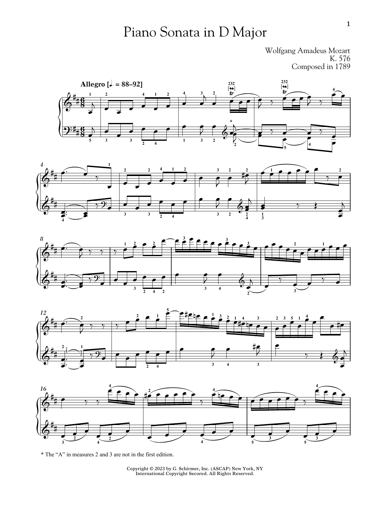 Wolfgang Amadeus Mozart Piano Sonata In D Major, K. 576 sheet music notes and chords arranged for Piano Solo