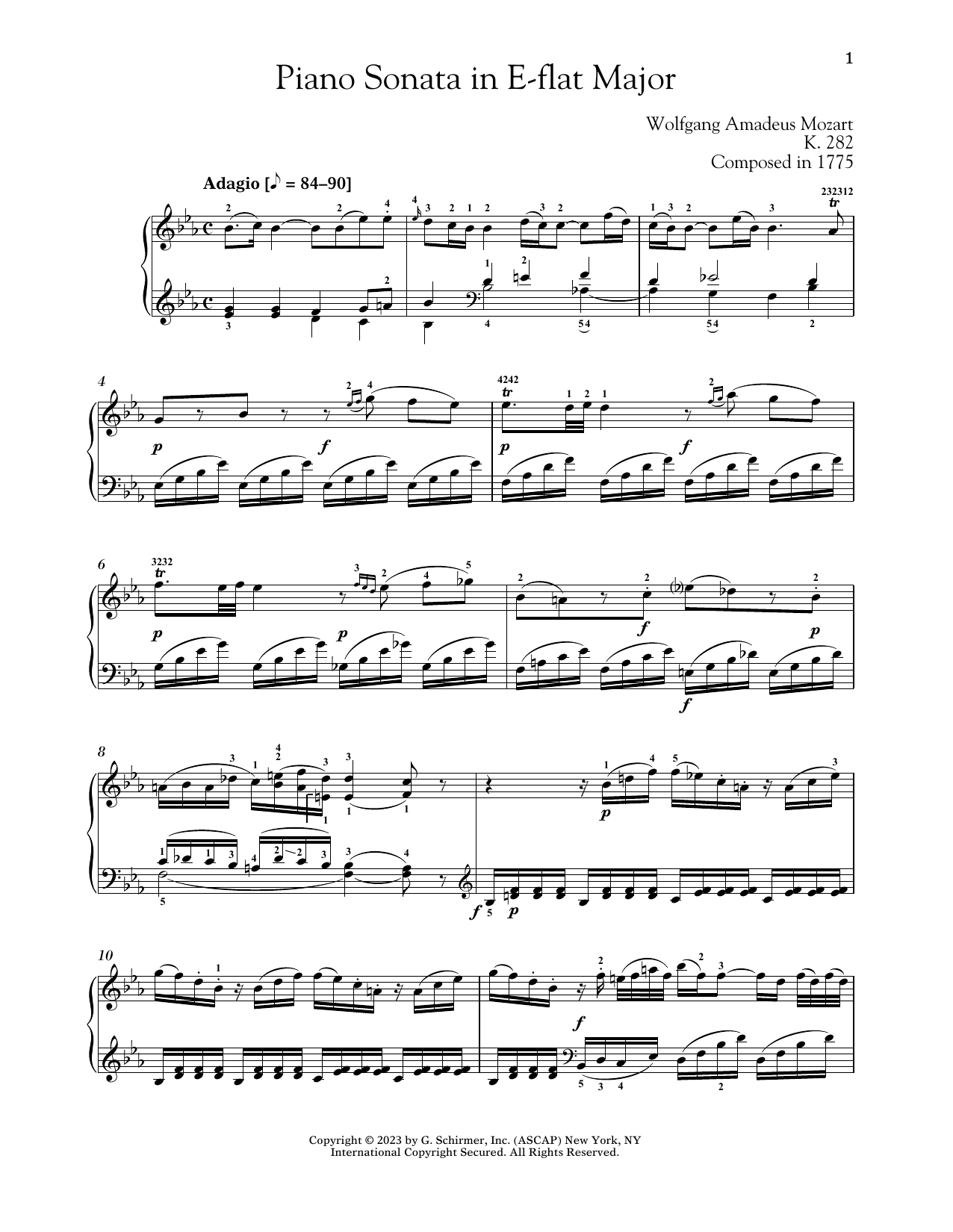 Wolfgang Amadeus Mozart Piano Sonata In E-flat Major, K. 282 sheet music notes and chords arranged for Piano Solo