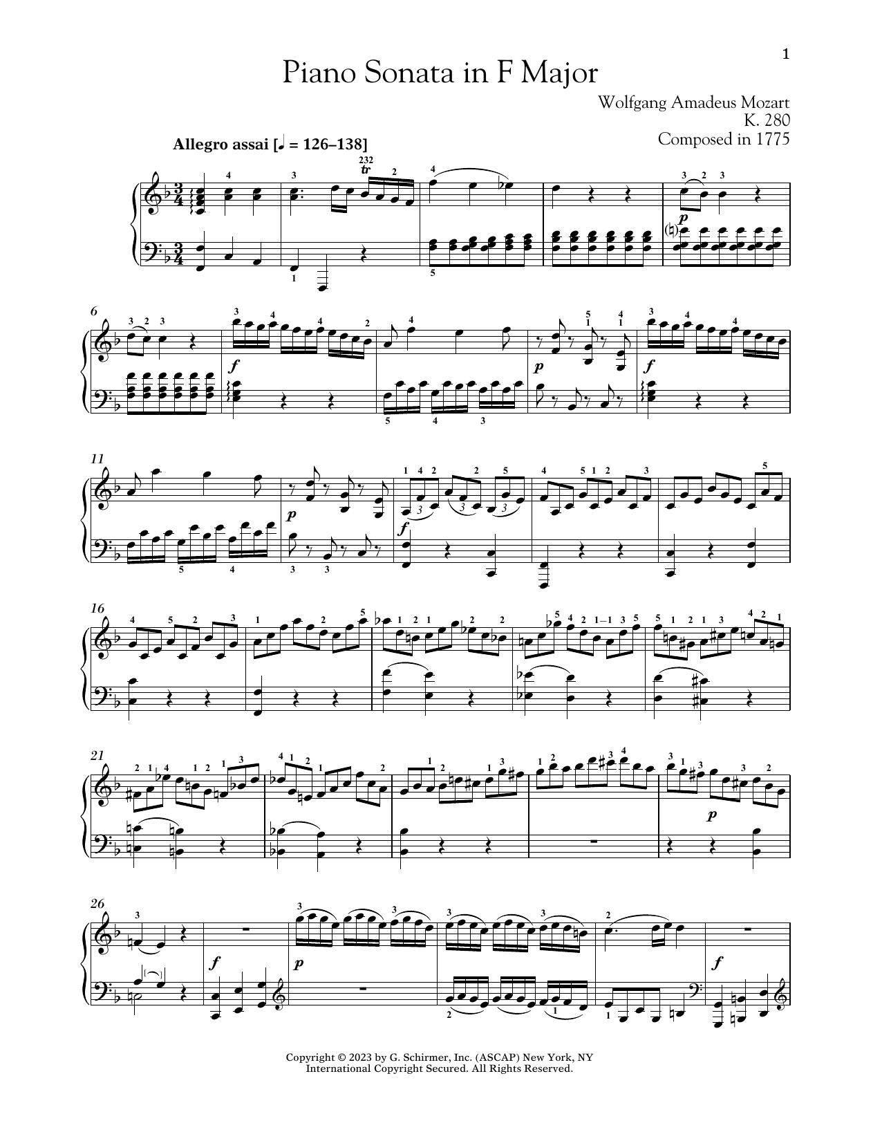 Wolfgang Amadeus Mozart Piano Sonata In F Major, K. 280 sheet music notes and chords arranged for Piano Solo
