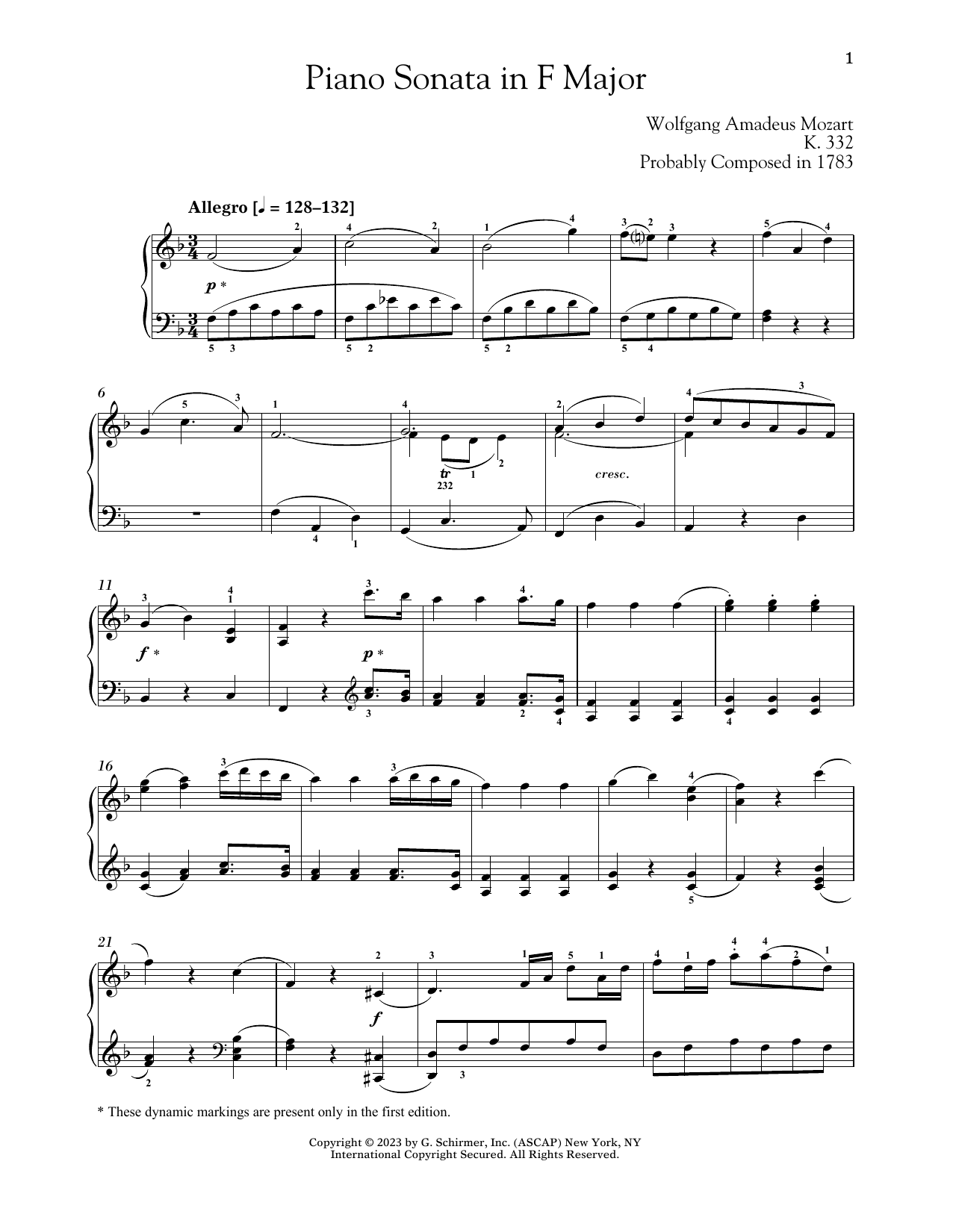 Wolfgang Amadeus Mozart Piano Sonata In F Major, K. 332 sheet music notes and chords arranged for Piano Solo