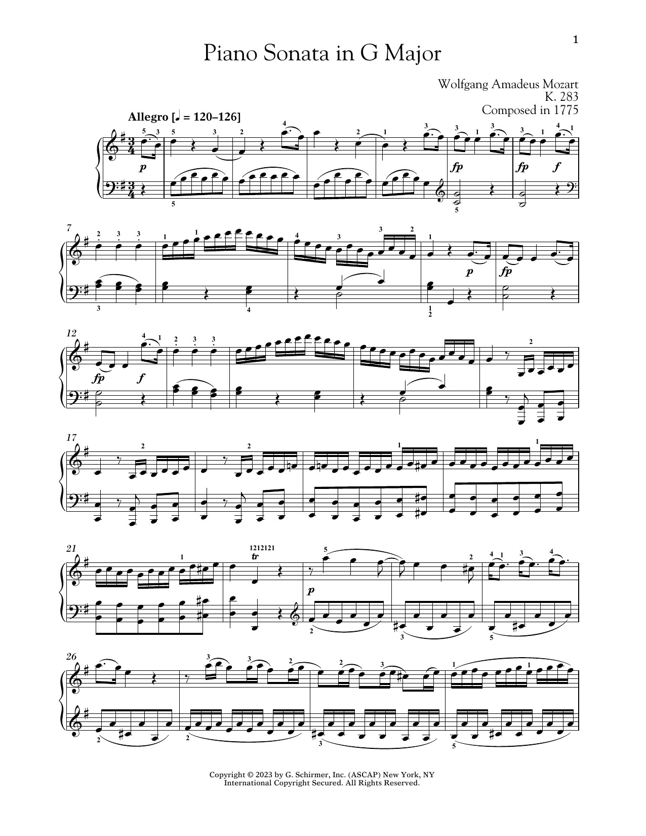 Wolfgang Amadeus Mozart Piano Sonata In G Major, K. 283 sheet music notes and chords arranged for Piano Solo