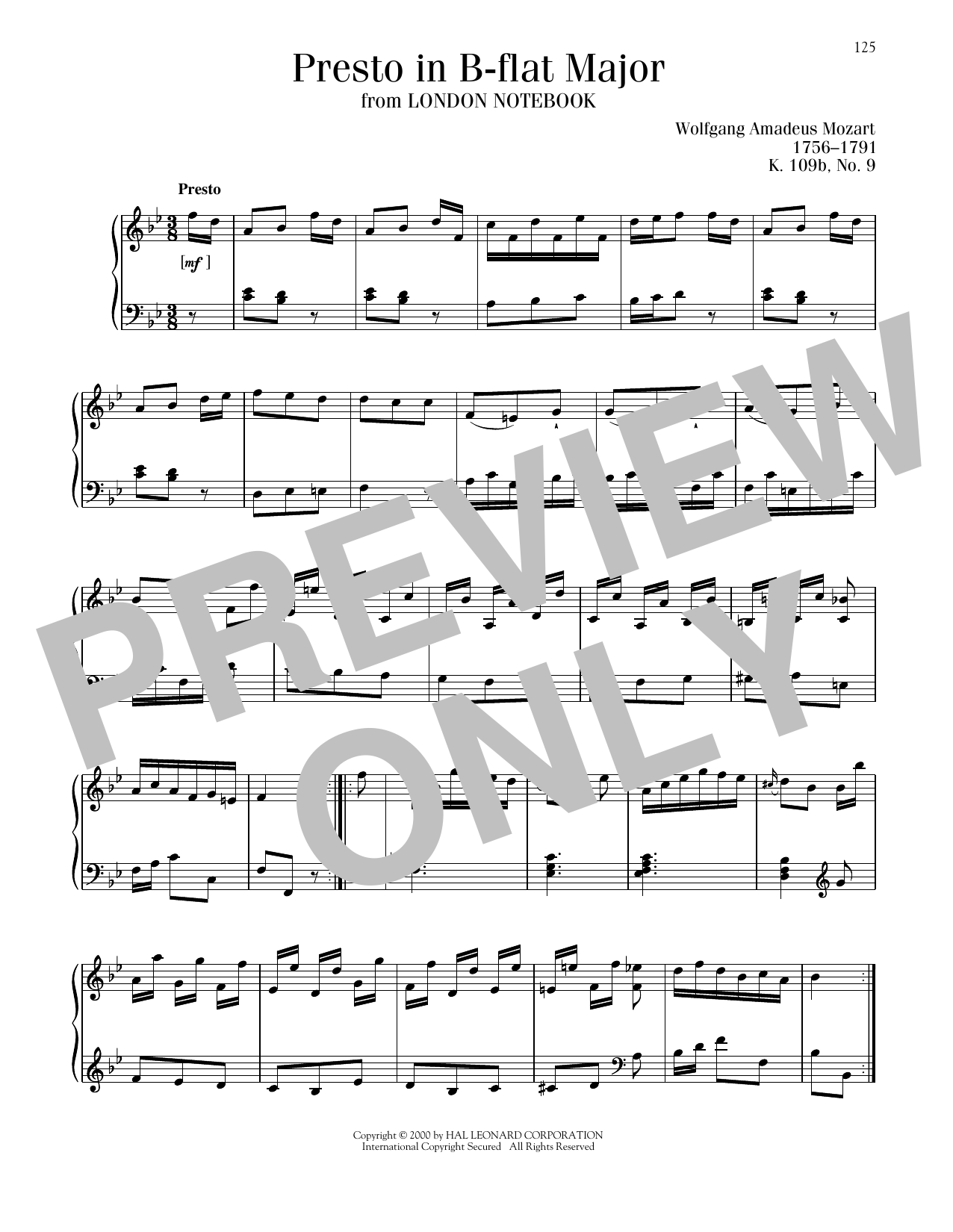 Wolfgang Amadeus Mozart Presto In B-Flat Major, K109b, No. 9 sheet music notes and chords arranged for Piano Solo