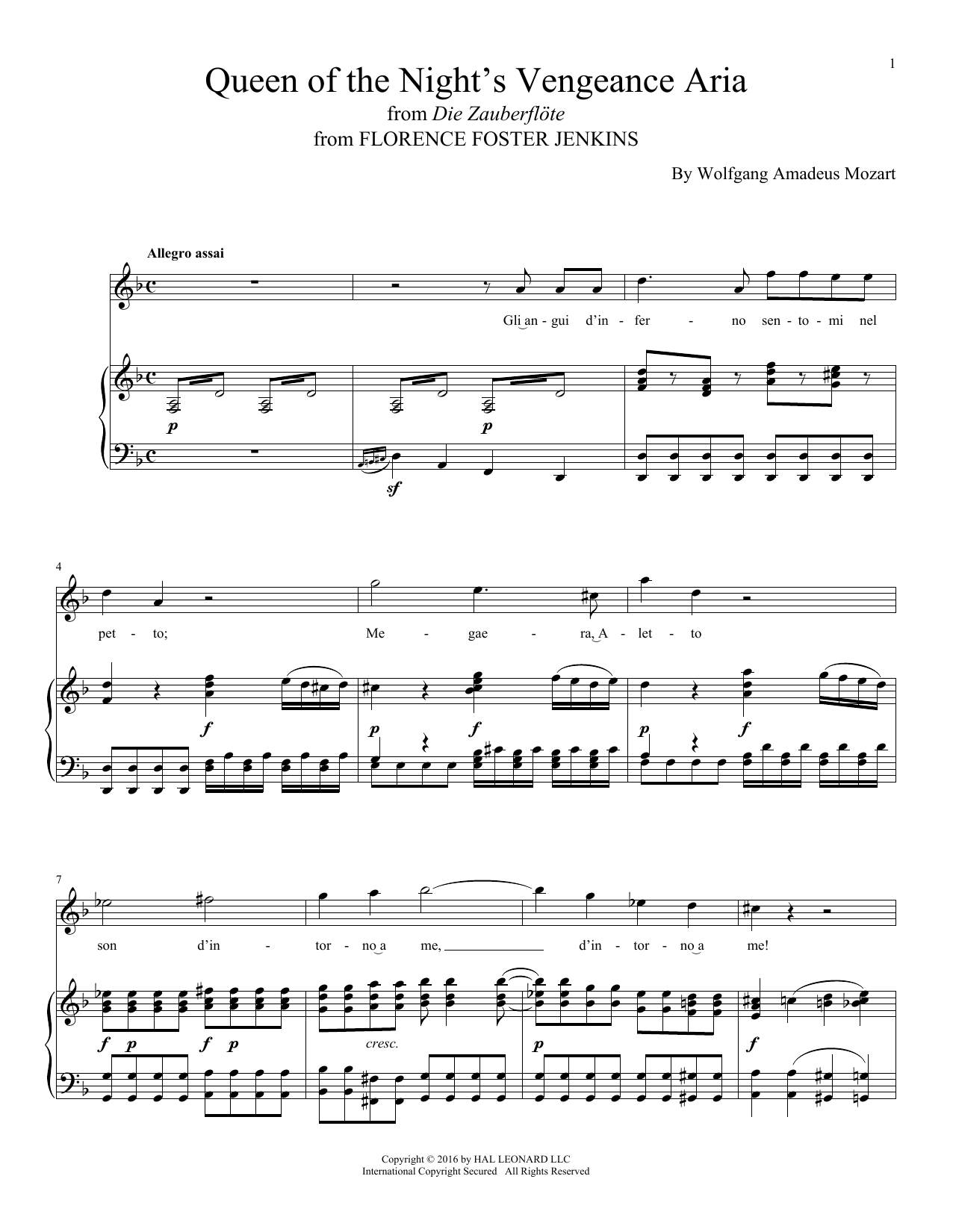 Wolfgang Amadeus Mozart Queen Of The Night's Vengeance Aria sheet music notes and chords arranged for Piano & Vocal