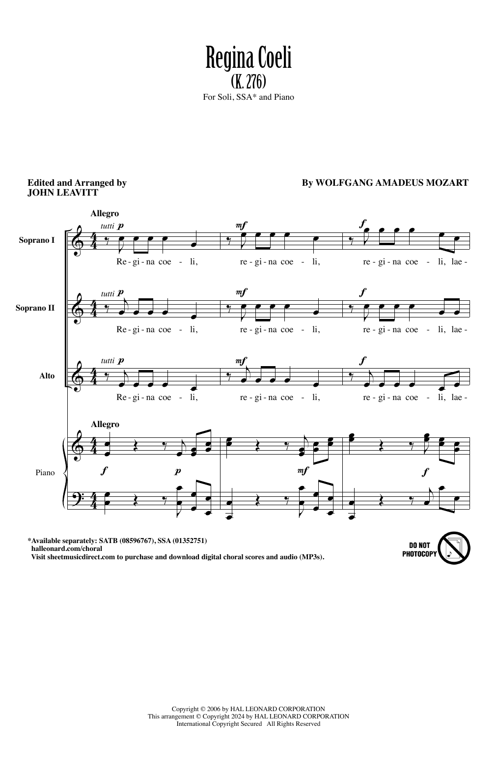 Wolfgang Amadeus Mozart Regina Coeli (K. 276) (arr. John Leavitt) sheet music notes and chords arranged for SSA Choir