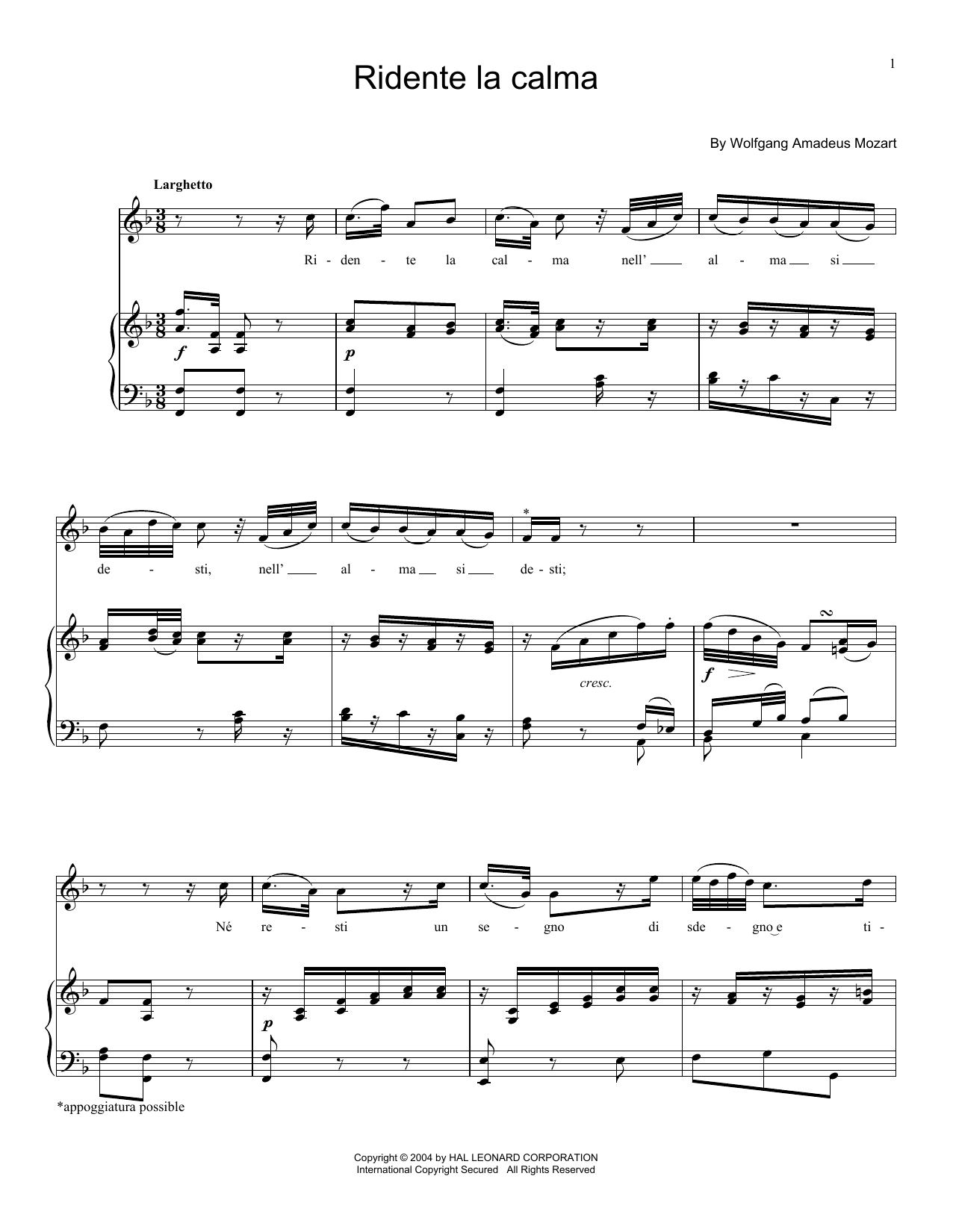 Wolfgang Amadeus Mozart Ridente La Calma, K. 152 sheet music notes and chords arranged for Piano & Vocal
