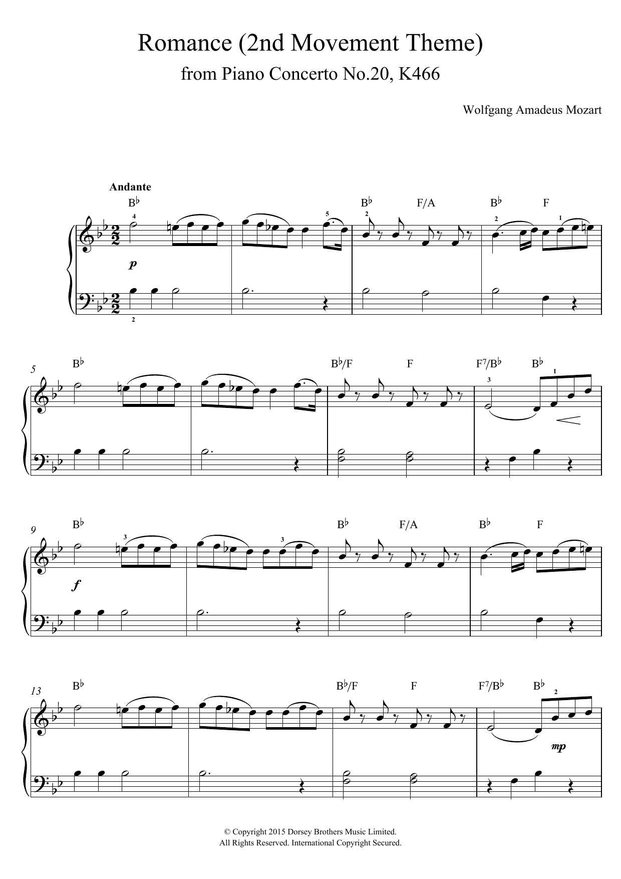 Wolfgang Amadeus Mozart Romance (2nd Movement Theme) from Piano Concerto No.20, K466 sheet music notes and chords arranged for Piano, Vocal & Guitar Chords