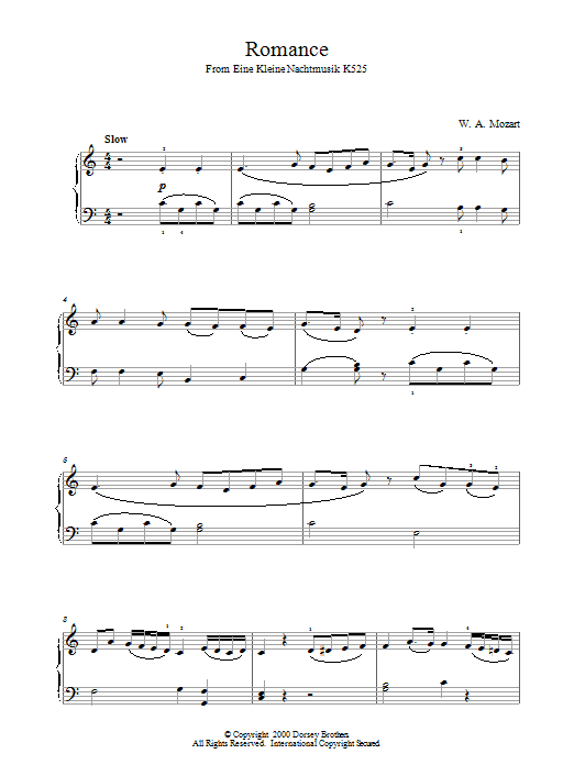 Wolfgang Amadeus Mozart Romance from Eine Kleine Nachtmusik K525 sheet music notes and chords arranged for Beginner Piano