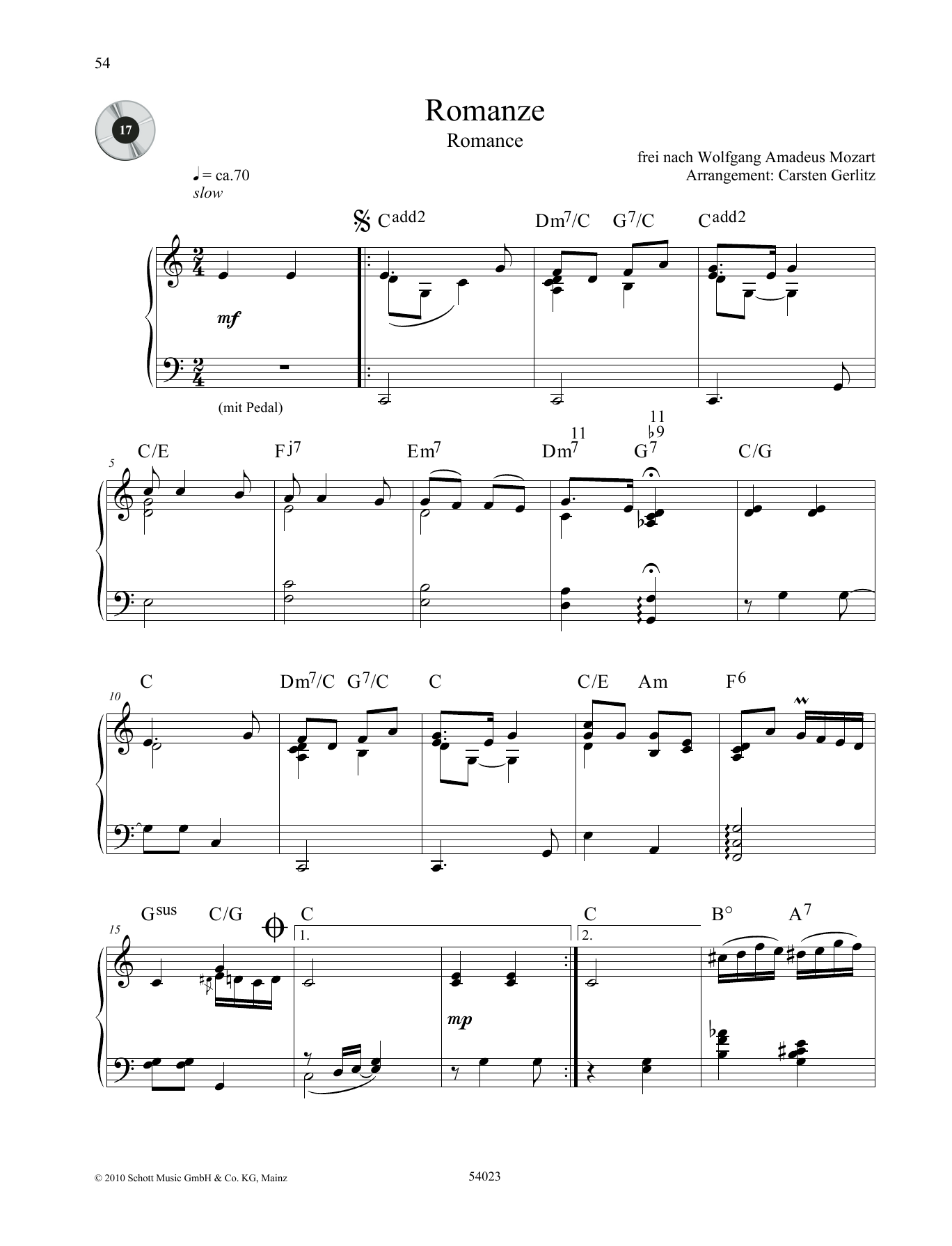 Wolfgang Amadeus Mozart Romance sheet music notes and chords arranged for Piano Solo