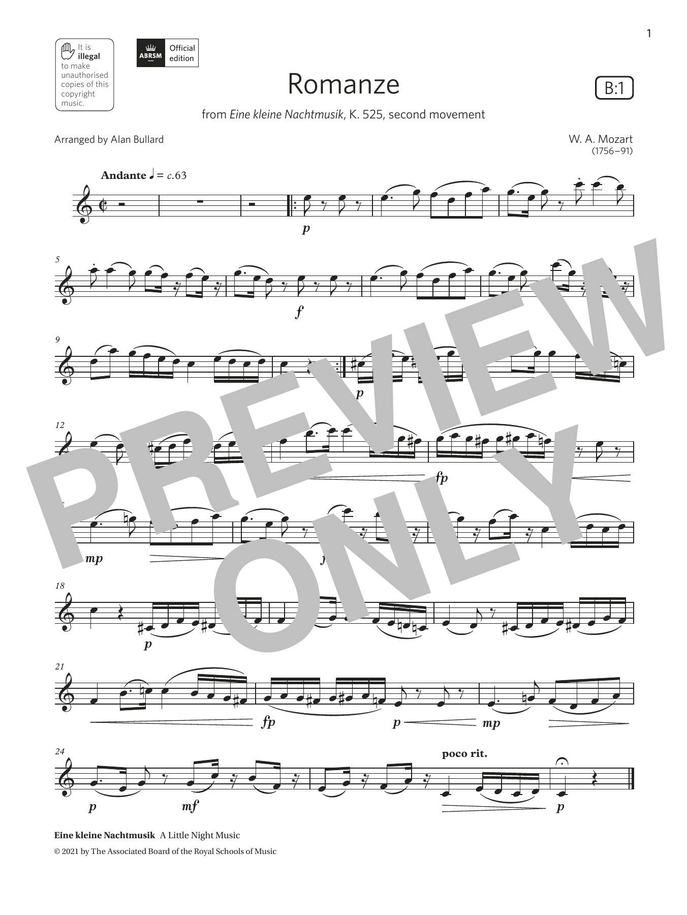 Wolfgang Amadeus Mozart Romanze (from Eine kleine Nachtmusik)  (Grade 4 List B1 from the ABRSM Clarinet syllabus from 2022) sheet music notes and chords arranged for Clarinet Solo