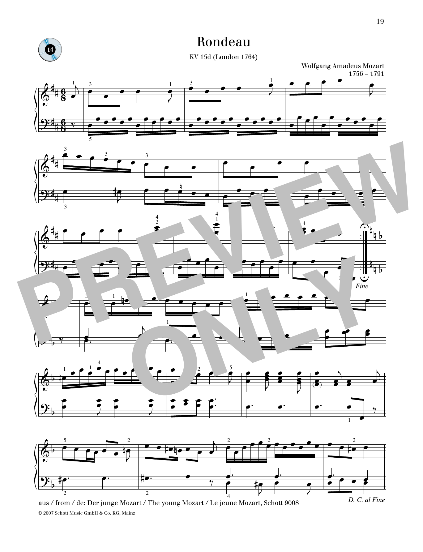 Wolfgang Amadeus Mozart Rondeau D major sheet music notes and chords arranged for Piano Solo