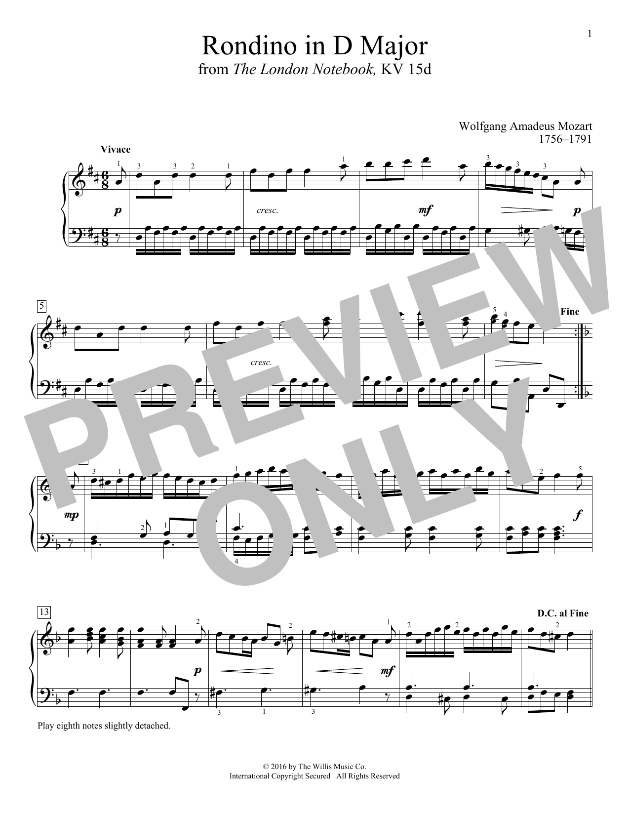 Wolfgang Amadeus Mozart Rondino In D Major sheet music notes and chords arranged for Educational Piano